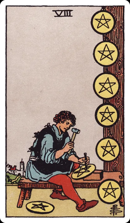 Lá bài Tám Tiền (Eight of Pentacles) trong bộ Rider-Waite-Smith