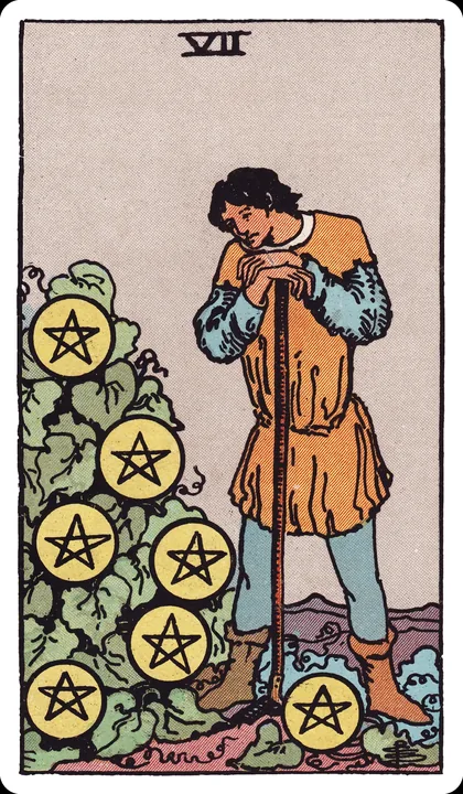 Lá bài Bảy Tiền (Seven of Pentacles) trong bộ Rider-Waite-Smith
