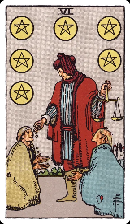 Lá bài Sáu Tiền (Six of Pentacles) trong bộ Rider-Waite-Smith