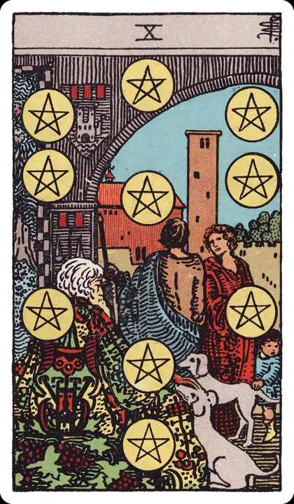 Lá bài Mười Tiền (Ten of Pentacles) trong bộ Rider-Waite-Smith