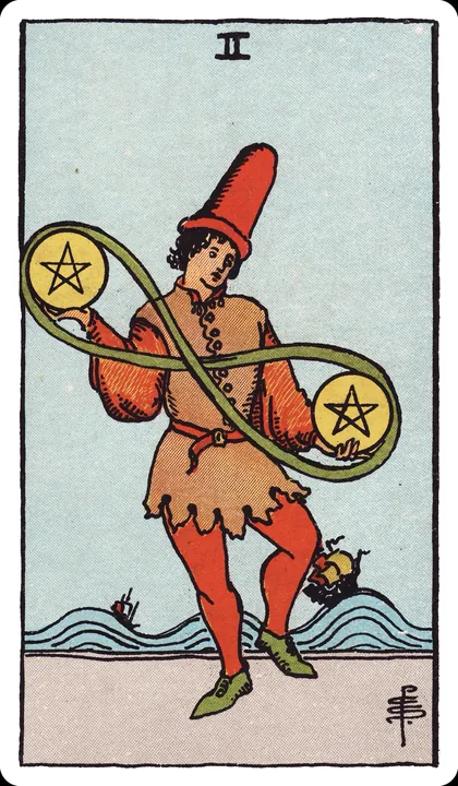 Lá bài Hai Tiền (Two of Pentacles) trong bộ Rider-Waite-Smith